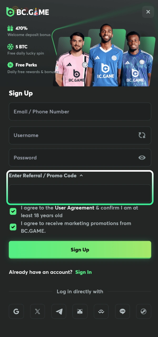 Input the registration promo code at BC Game Philippines official.